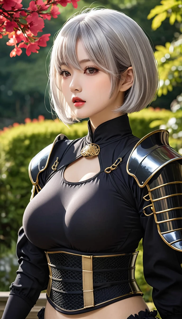 sole super sexy lady, 2b, Charming，A head of exquisite silver hair、beautiful eyes ,Beautiful lips with a sense of transparency、Japanese traditional ninja armor,  sweat, , big bouncing breasts, slim body, Showing off beautiful round breasts, Press chest together ,Gold and jewelry ,not good, Hips up , Pose from all angles , outdoor, Beautiful Victorian Garden Style, Scenery background , Dramatic Lighting