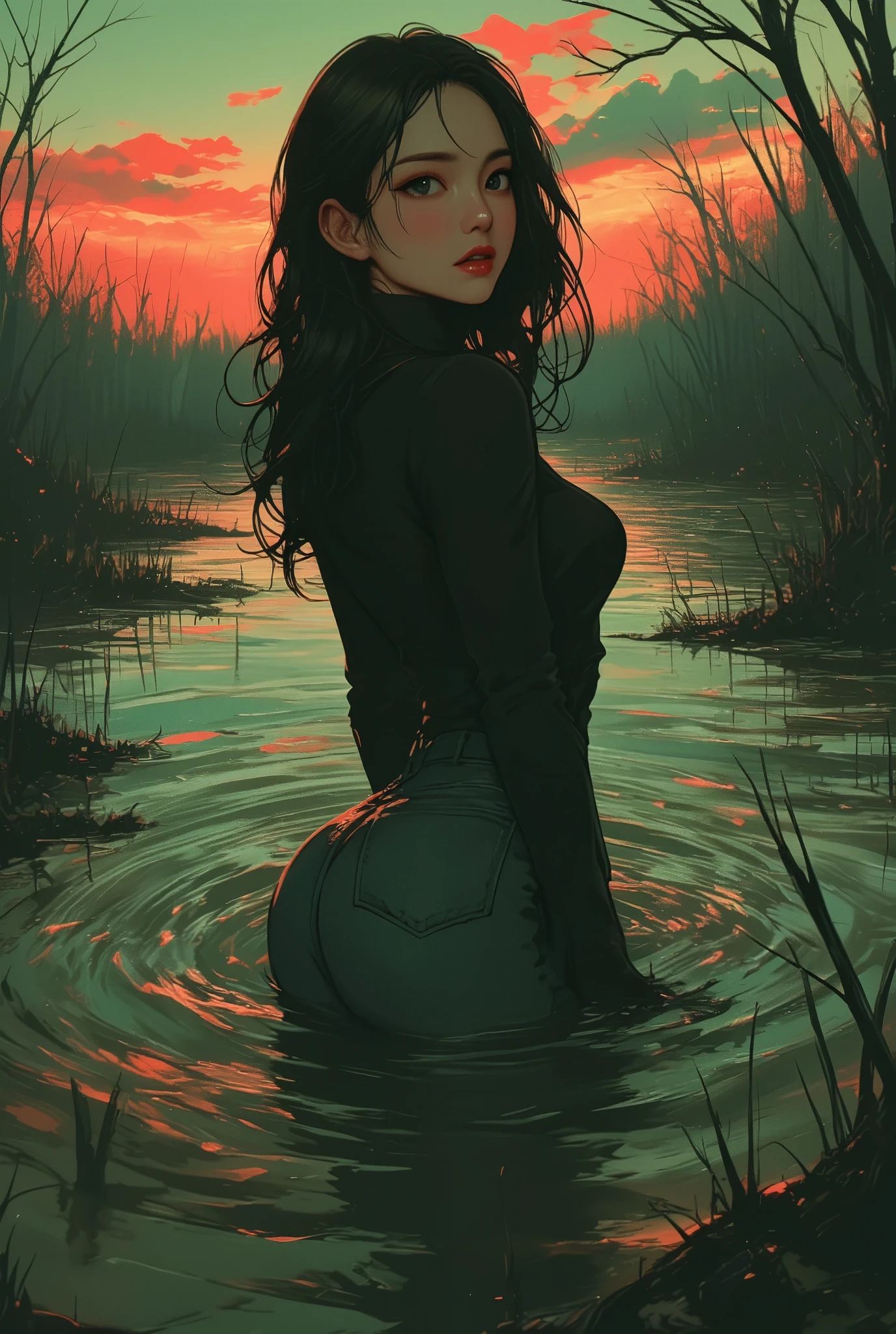 score_9, score_8_up, score_7_up, woman, posing, wet hair, standing in lake, submerged, soaking, lake, moonlight reflection, shadows, silhouette, night, moonlight