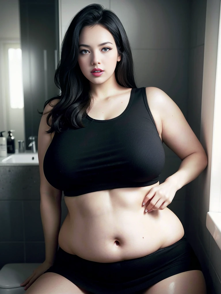 there is a woman sitting in a bathroom with a black dress, she has a jiggly fat round belly, she is wearing a black tank top, bbwchan, thicc, alluring plus sized model, angelawhite, her belly is fat and round, extremely plump, bbw, curvy, with large breasts, posing in a bedroom