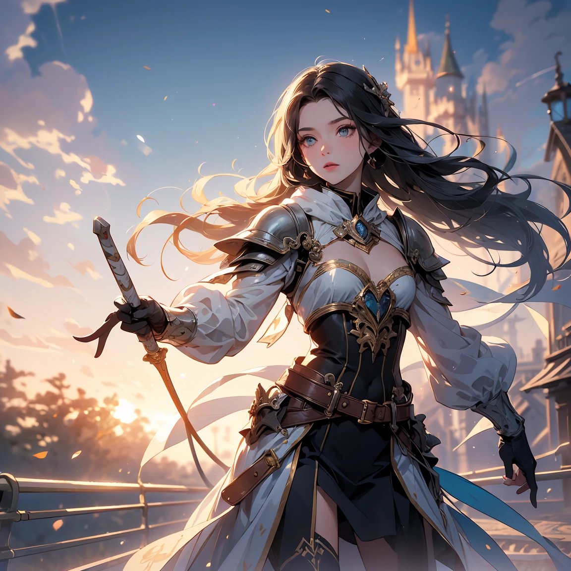 A majestic artwork of a graceful female paladin standing in a grand, medieval landscape. The full-body view reveals her adorned in exquisitely designed armor that combines elegance and strength. Her gleaming silver armor is intricately engraved with swirling patterns and symbols of protection and valor. The breastplate features delicate filigree and gem inlays, while her gauntlets and greaves are finely etched, catching the light with every movement. She wears an ornate, deep purple cape that flows gracefully behind her.
Her long black hair is tied in a sleek ponytail, cascading down her back, complementing her regal appearance. Her striking amethyst purple eyes, filled with resolve and determination, enhance her beauty and strength. She carries a beautifully crafted shield, embossed with intricate heraldic symbols and protective runes, its edges reinforced with gold trim. In her other hand, she wields a formidable mace, adorned with intricate engravings and inlaid gemstones that shimmer softly.
The background features a sprawling castle with tall spires against a dawn sky. Rolling hills and lush meadows stretch out before her, with a serene river winding through the landscape. Birds take flight in the early morning light, enhancing the sense of peace and anticipation.
The paladin stands poised and ready, embodying both grace and power, a guardian of the land and a beacon of hope for all who gaze upon her. Her presence is commanding and inspiring, a true paragon of beauty and strength.