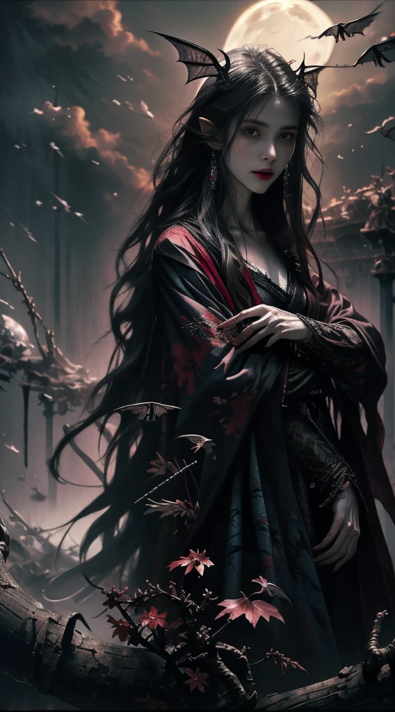 （（ best quality））， （（masterpiece））， （ Details）， 1 Vampire， Seductive Succubus ， （（ Bloody Face ）），（（ There is blood on the body））， Blood splatter， celestial beauty，  perched above clouds， （ fantasy illustration：1.3），  captivating gaze ， Seductive posture， Delicate Wings， otherworldly charm ， Mystical Sky， （Luis Royo：1.2）， （Yoshitaka Amano：1.1），  moonlight night ，  Pastel Colors ， （ Detailsな雲景色：1.3）， （ high resolution on down：1.2）