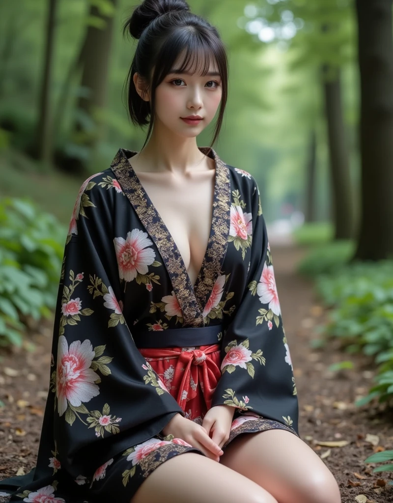 ((Deep in the mysterious forest))、(( colorful kimono )), 1people, (Wearing colorful stage costumes:1.2),  very beautiful Japanese idol , ( RAW Photos,Best Quality), (Genuine,Genuineistic:1.4), ((masterpiece)), ((Horizontal droopy eyes)), ((Beautiful belly button)), ((Beautiful hipline)), ((Beautiful thighs)), ((Blonde)),  high resolution on down,  soft light, Beautiful and sophisticated nose,  beautiful eyes,  Movie Lighting, ( Upscaled Images :1.3), (Bob), Slender body,  small breasts, smile, ((Transparent black yukata)), ((Early morning sunlight filtering through the trees)), ((Hair tied up)), １people、日本people女性、美しい日本people女性、 super detailed faces on a mountain road at night,、魅惑的なsmile、 cute、 white skin、Fair skinの美しい肌、 Teal Eyelids、Beautiful symmetrical face、Small face、23 years old、Beautiful black hair、 Beautiful small breasts、Genuineのpeople間の皮膚、Perfect figure、Perfect anatomy、whole body写真、詳細かつリアルなpeople体、Detailed and realistic skin、Highly detailed realistic face、Detailed and realistic eyes、Detailed and realistic lips、Detailed and realistic teeth、Detailed and realistic ears、Detailed and realistic hair、 beautiful hands、Highly detailed realistic legs、Realistic breasts down to the last detail、Realistic areola down to the last detail、Realistic nipples down to the last detail、Realistic female genitalia down to the smallest detail、Realistic vagina down to the last detail、Detailed and realistic clitoris、Realistic anus down to the last detail、細部までリアルなThick pubic hair、whole body、whole body白肌、Fair skin、Pubic hair is thick、Thick pubic hair、 Completely naked、urination、 feel good expression 、Blushing cheeks and an ecstatic expression, Leaking urine、 anus on a leather sofa、｛In the mysterious forest｝,｛Surrounded by plants｝