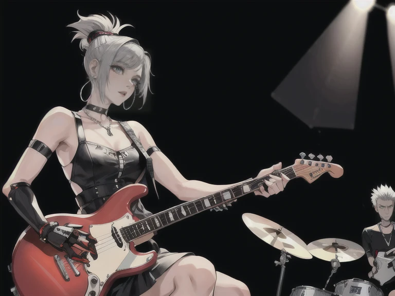 masterpiece, best quality, ultra-detailed, illustration, an extremely delicate and beautiful,high resolution, ultra-detailed,,perfect face,slender perfect body, Tight belly,Toned buttocks,Constricted waist,,(girl plays the guitar:1.7), yo,(white hair),(braided hair),(mini skart:1.3),(big smile),(open shirt:1.2),(tattoo on thigh:1.3),(very short hair), shy dashort stature,(rock and roll star:1.3),(small breasts),on a luxurious stage), (band girl),((very wide shot )),( sweaty skin:1.2),(low view:1.5),(spread legs:1.3),(show off panties:1.3)