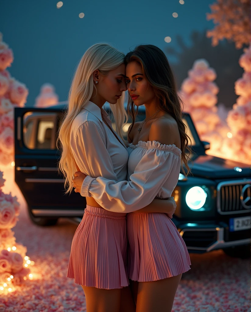 A cinematic photograph of a 2 woman with long, beautiful wavy silver-blonde hair. She is wearing a red floral spaghetti strap dress and sitting in a vintage 1961-1969 Lincoln Continental. The car is on a scenic mountain road, surrounded by stunning natural landscapes and beautiful mountains in the background. The lighting is soft and natural, capturing the serene and elegant atmosphere of the scene.