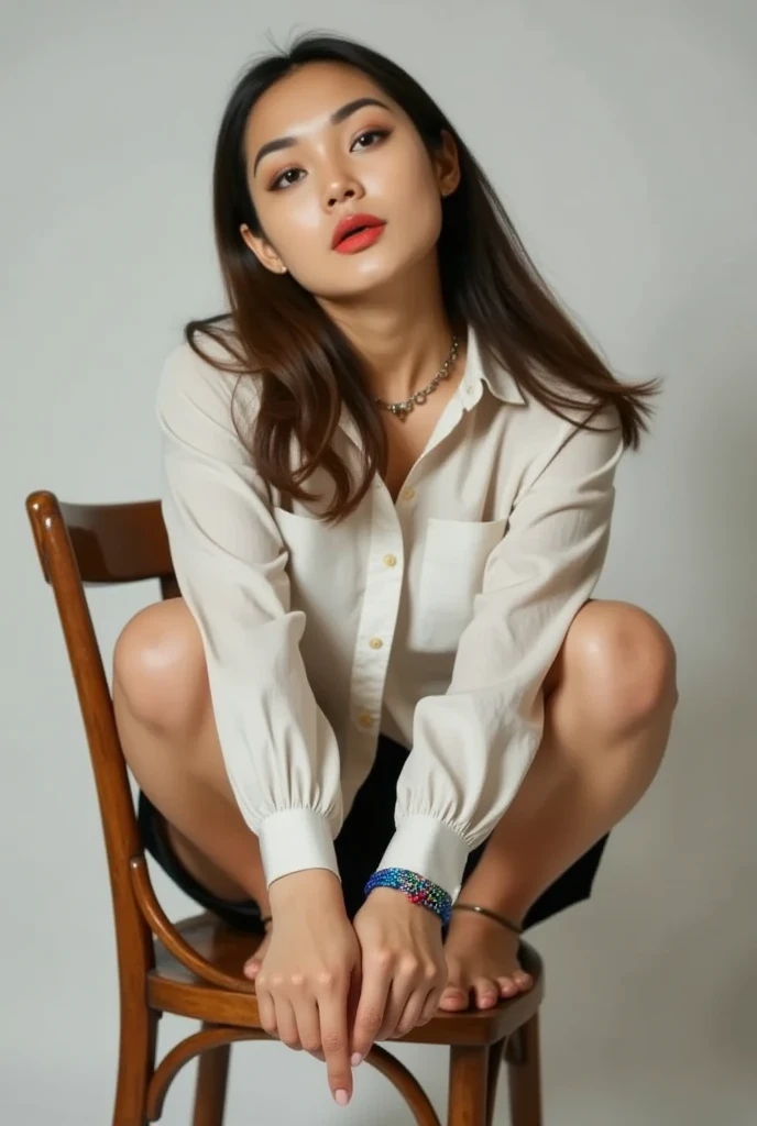 amira is wearing a loose, oversized, white  buttoned shirt. The fabric appears to be soft and comfortable, likely satin, with no visible embellishments apart from its bold color-block design. She is accessorized with a delicate choker necklace and colorful anklets on her bare feet. Her brown hair is long, wavy, and casually draped over her shoulders, adding to her effortless and laid-back look. Her face is angular with soft features; her eyes are large and slightly downcast, her nose is straight, and her lips are full but naturally styled. The model is squatting barefoot on a vintage-style wooden chair, creating a sense of playfulness and nonchalance. The overall pose is casual yet dynamic, as she balances with both feet on the chair. The lighting is soft and warm, casting a gentle glow on her and highlighting her natural complexion, while the neutral background allows the vibrant colors of her outfit to stand out. The composition and pose give the image a youthful, carefree energy, combining fashion and personality irtistic, spontaneous shot. low saturated, dull white background, over shoulder angle shot