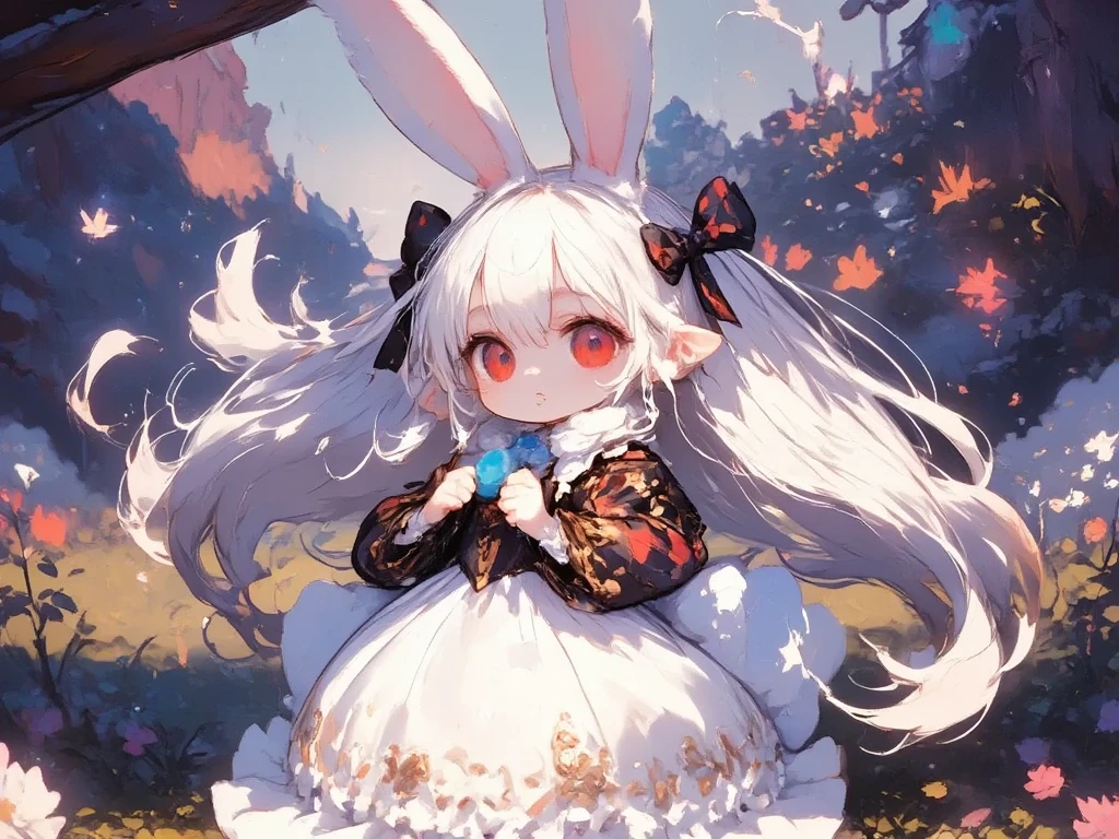 Three Girls:2.0,(Chibi,cute, smaller, pink hair ,Blue Hair,Blonde, very long hair ,bangs,(Fluffy white rabbit),Bunny ears,Red eyes,Big Eyes, beautiful sparkling eyes , white skin,Big hair ribbon, pink ruffle dress, Blue Frilled Dress ,yellow ruffle dress ,Chest,Full body image),fancy background,(Scenery of 3 people being good friends ,Smiling Face),High quality anime drawings