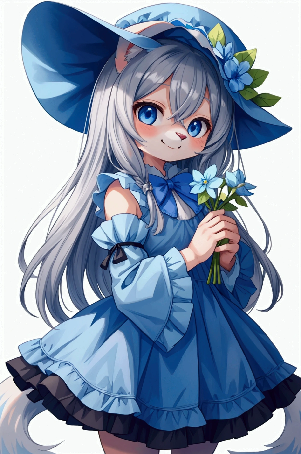 best quality, amazing quality, very aesthetic, absurdres, 1girl, (furry, kemono:1.3), rabbit, rabbit girl, rabbit ears, flower, solo, holding, blue flower, smile, dress, long hair, white background, looking at viewer, blue eyes, blue dress, holding flower, cowboy shot, frills, detached sleeves, simple background, long sleeves, closed mouth, hair between eyes, grey hair, blue headwear, very long hair, bonnet, standing, frilled dress