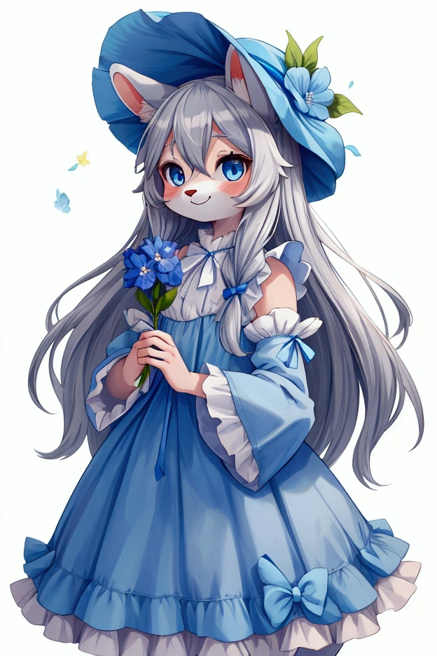 best quality, amazing quality, very aesthetic, absurdres, 1girl, (furry, kemono:1.3), rabbit, rabbit girl, rabbit ears, flower, solo, holding, blue flower, smile, dress, long hair, white background, looking at viewer, blue eyes, blue dress, holding flower, cowboy shot, frills, detached sleeves, simple background, long sleeves, closed mouth, hair between eyes, grey hair, blue headwear, very long hair, bonnet, standing, frilled dress