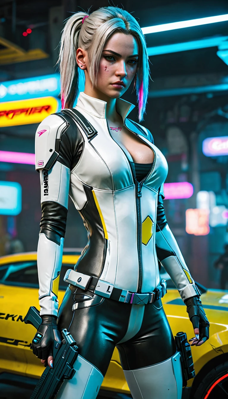 High definition photographs, gunman, Teenage girl,  pretty white, Beautiful breasts, cyberpunk 2077, Suit, Tights, PROSTHETIC-SCI-FI, Have a gun