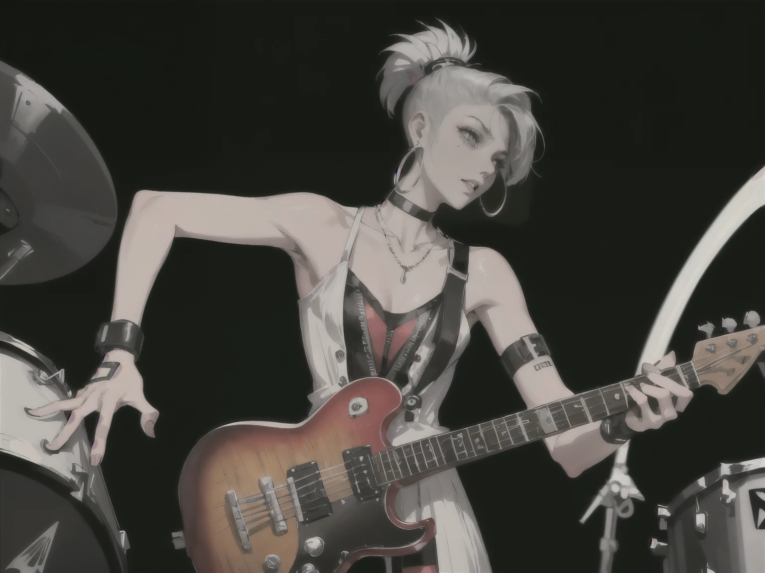 (masterpiece:1.2, best quality), (Two members), (((female: guitarist, Hair: buzz cut, Clothing: revealing dress, Accessories: silver hoop earrings and a black choker necklace,Two members, playing fast guitar))),(((Male: Drummer, Android, Robot, Hairstyle: Mohawk, Playing drums at high speed))) (((Punk rock band member))), singing, ((Guitar, Drums)), on stage,((cyber punk))