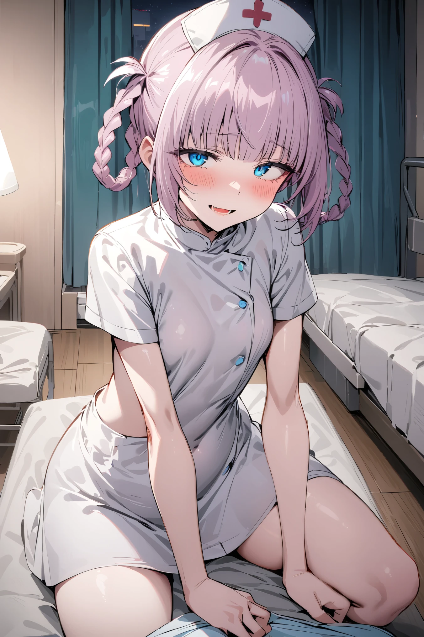 NSFW,masterpiece,Best Quality, high resolution on down, very detailed,Nanakusa Nazuna \(Night Song\),Pink Hair, braided ,bangs, blue eyes,tooth,nurse,Nurse uniform, miniskirt,Hospital at night,Hospital room, bedroom,curtain, horseback riding