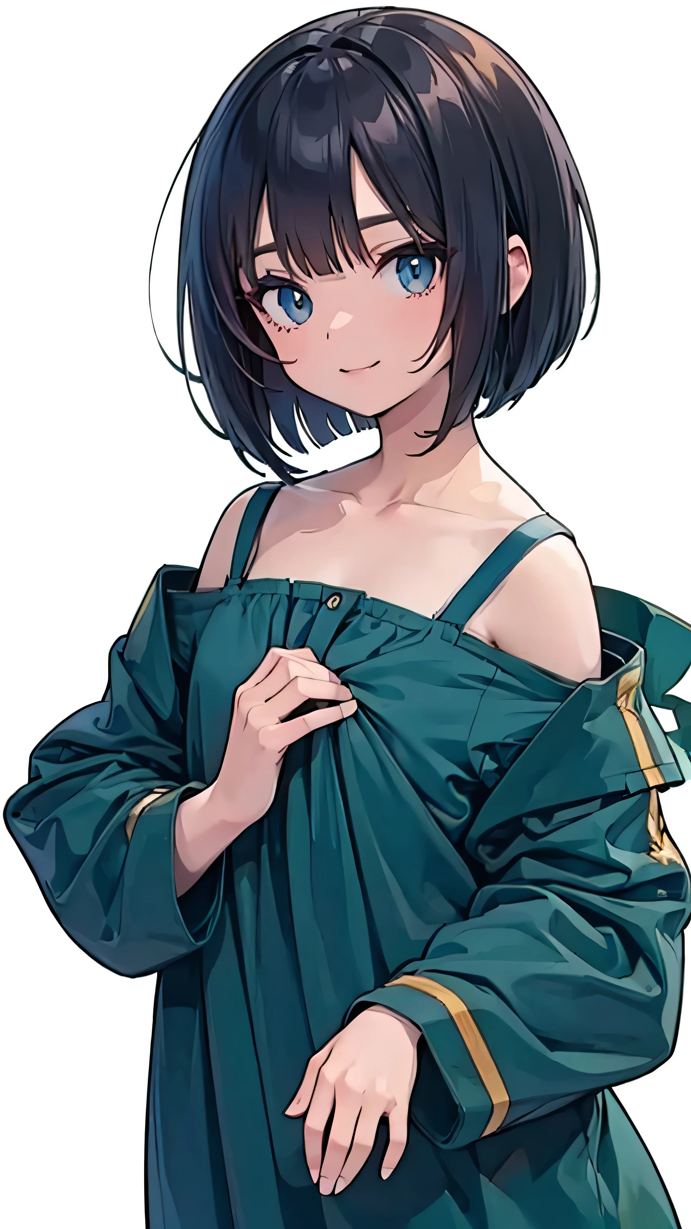 (masterpiece, Best Quality, Official Art:1.2),  one woman, plain background ,  super precise illustrations , highly  Details,  Dynamic Angle, beautiful  Details, 8k, (Best Quality, masterpiece,  high resolution on down,  Details),  anime style , (beautiful details,  beautiful lip detail touching the chest, very detailed eyes and face), smooth brushstrokes, Black Hair, smile,  Dynamic Angle, (( vintage , plain background ),  gorgeous dress ,  bob cut 