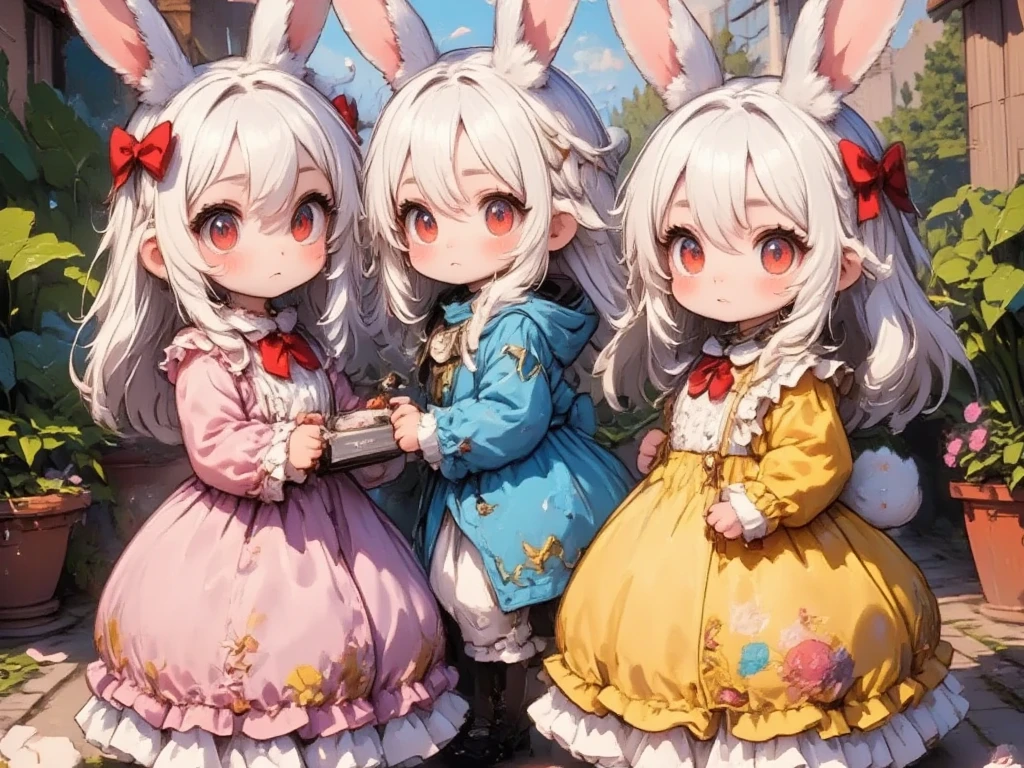 Three Girls:2.0,(Chibi,cute, smaller, pink hair ,Blue Hair,Blonde, very long hair ,bangs,(Fluffy white rabbit),Bunny ears,Red eyes,Big Eyes, beautiful sparkling eyes , white skin,Big hair ribbon, pink ruffle dress, Blue Frilled Dress ,yellow ruffle dress ,Chest,Full body image),Fairy tale background,(Scenery of 3 people being good friends ,Smiling Face),High quality anime drawings