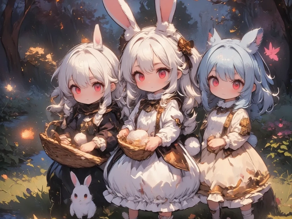 Three Girls:2.0,(Chibi,cute, smaller, pink hair ,Blue Hair,Blonde, very long hair ,bangs,(Fluffy white rabbit),Bunny ears,Red eyes,Big Eyes, beautiful sparkling eyes , white skin,Big hair ribbon, pink ruffle dress, Blue Frilled Dress ,yellow ruffle dress ,Chest,Full body image),Fairy tale background,(Scenery of 3 people being good friends ,Smiling Face),High quality anime drawings