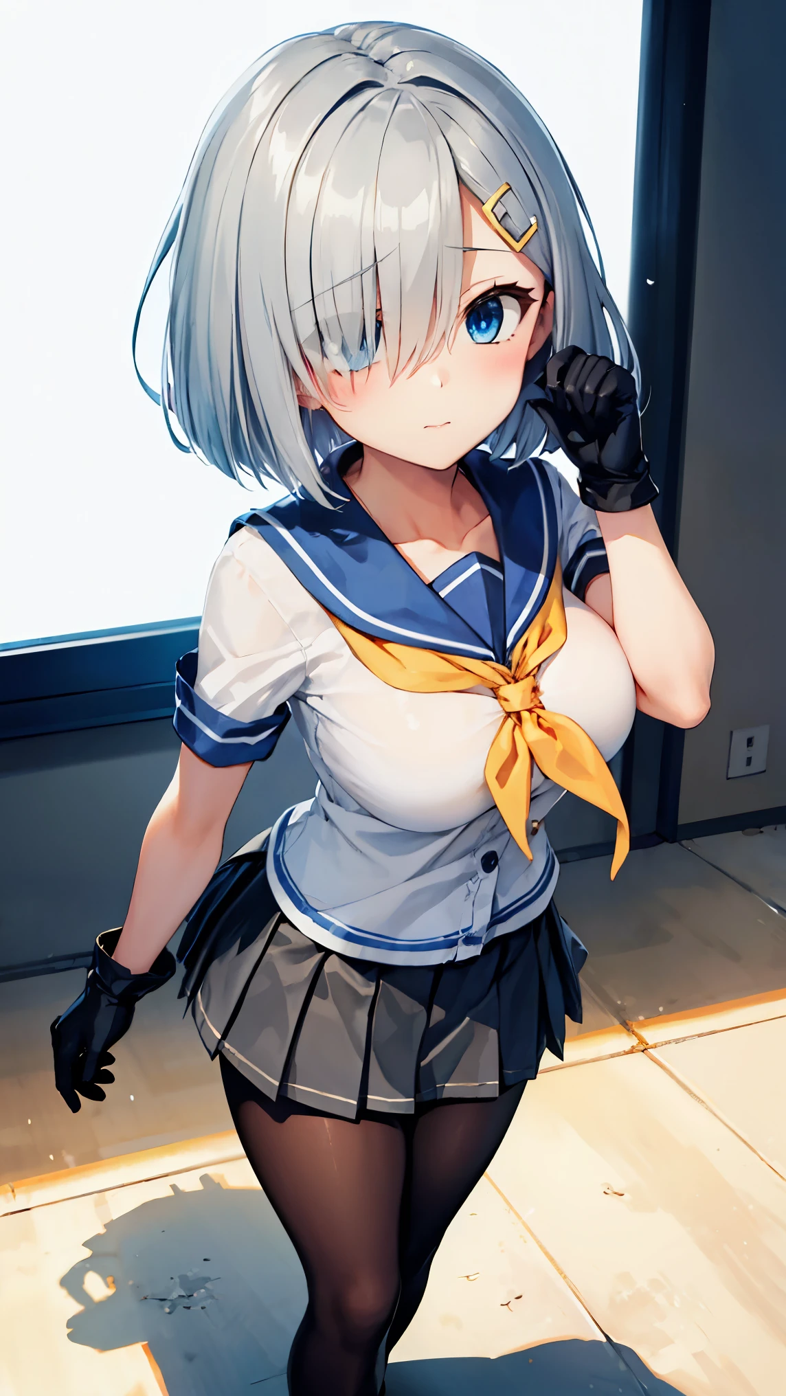 8k high resolution (Super detailed), masterpiece, (Best Quality)　 anime illustration　 detailed eyes on board,  detailed face　 detailed hands　Fine hair　 very elaborate body、 fine skin 　 1 girl　 fleet this_Sea Breeze　 blue eyes、Grey Hair、Hair above one eye、Short Hair　 black pantyhose、gloves、grey sailor collar 、Grey Skirt、 hair clip that invites you with your hand、 pleated skirt、uniform　 short skirt 、白gloves、 yellow neckerchief　Big Breasts　 full body view　 see here 