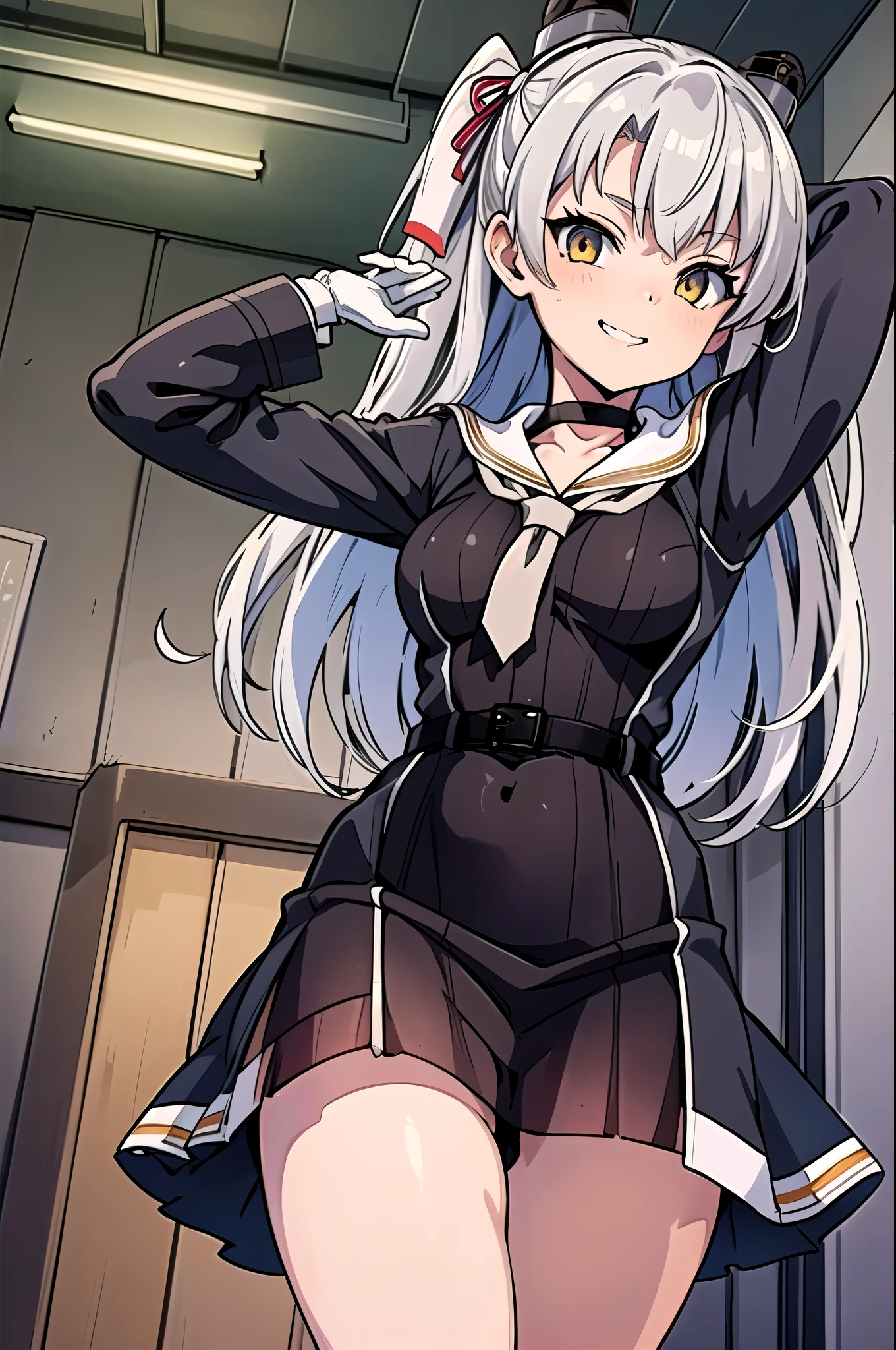 Arya, 1girl, standing alone, long hair, blue colored eyes, Ahoge, 弓, Looking at Viewer, red bow, suit jacket, bowtie, long sleeves, breastsout, chemise, open jacket, Red bow tie, door, cowboy shot, chemise de gola, por dentro, schoolar uniform, white hair, Standing, clothes open, overskirt, bangss, don, grey jacket, black gown, blush, overskirt plissada, separated-lips, medium breasts, pleated dress, chemise branca, hair between the eyes, white jacket, Hand up, blazer, black skirt, thicc thighs, open door, corridor