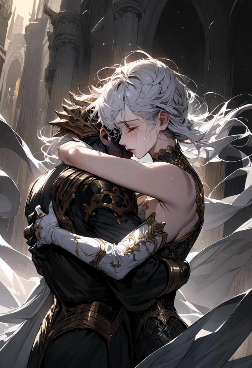 Illustrate an intense scene where a man embraces a woman tightly, his hold reflecting a fierce, possessive love. He is biting into her neck, symbolizing the harm caused by a love that is grounded in possessiveness rather than the selfless, universal love of Truth. Highlight the contrast between the closeness of their embrace and the pain of the bite to convey the complex dichotomy of his misplaced affection.