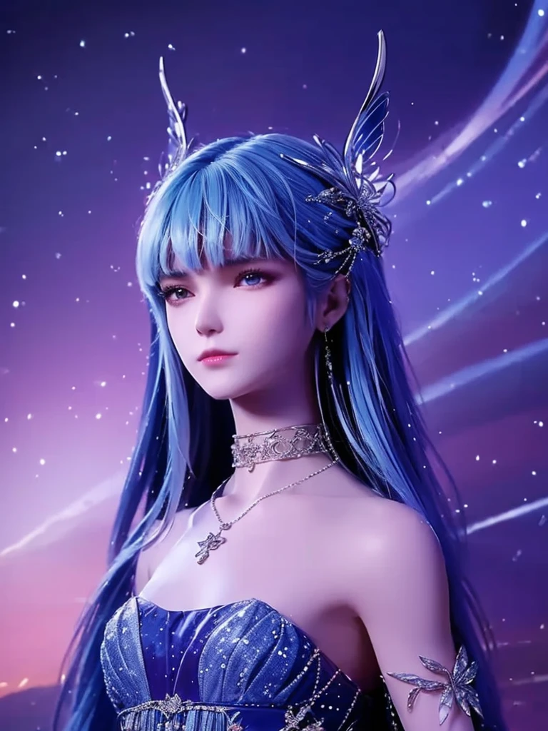 young woman with long, straight blue hair. She has a serious expression on her face, Her hair is styled in a half-up, half-down look with bangs that fall over her shoulders. She is wearing a silver choker necklace with a large pendant in the shape of a butterfly, On either side of her head, there are two small pink flowers with white wings attached to them. She is looking off to the side with a serious expression. The overall mood of the image is dark and mysterious.