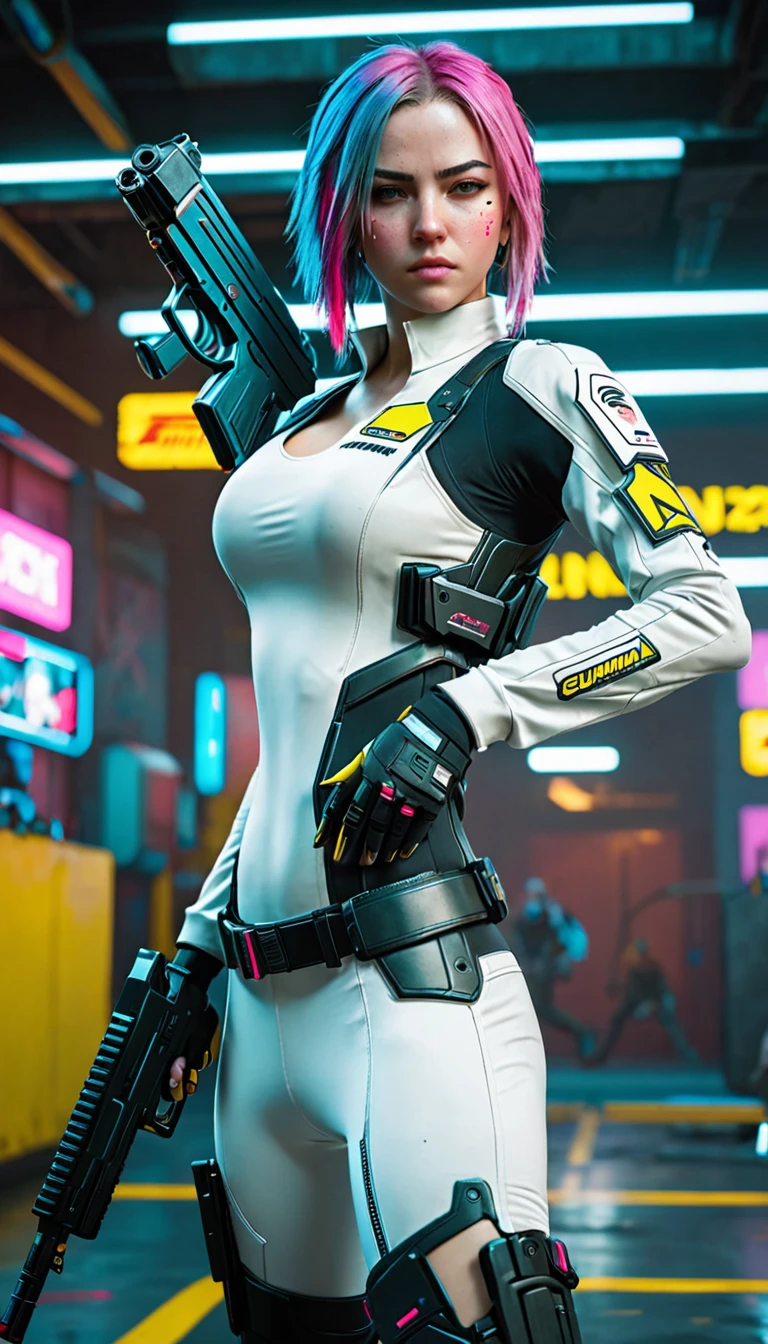 High definition photographs, gunman,  bright face color , Teenage girl,  pretty white, Beautiful breasts, cyberpunk 2077, Suit, Tights, PROSTHETIC-SCI-FI, Have a gun