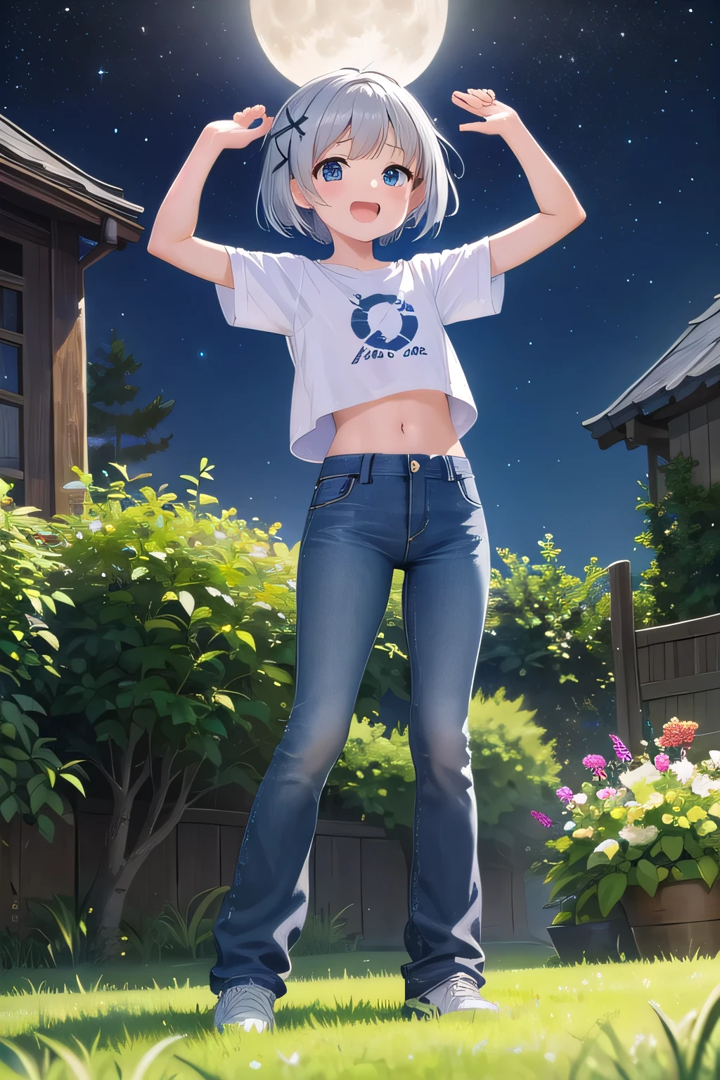 masterpiece,best quality,ultra detail,1girl, ****,petite,Laugh happily,background((grass, garden, beautiful moonrise)),starry night, beautiful silver straight short hair, hair ornament, x hair ornament,Raise your arms and bring them behind your head, open mouth, white crop top, half undressed, jeans pants, (flares jeans 1:1), blue jeans, standing sexual pose, orgasm,