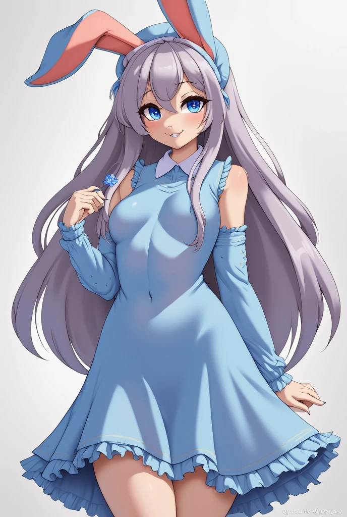 best quality, amazing quality, very aesthetic, absurdres, 1girl, (furry, kemono:1.3), rabbit, rabbit girl, rabbit ears, flower, solo, holding, blue flower, smile, dress, long hair, white background, looking at viewer, blue eyes, blue dress, holding flower, cowboy shot, frills, detached sleeves, simple background, long sleeves, closed mouth, hair between eyes, grey hair, blue headwear, very long hair, bonnet, standing, frilled dress