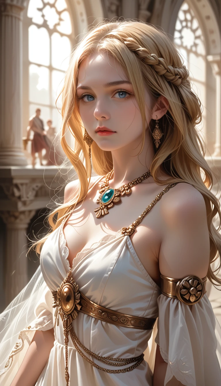 detailed portrait of a beautiful young woman, greek goddess pandora, long blonde hair, cute, greek mythology, elegant dress, detailed facial features, realistic, photorealistic, ultra-detailed, 8k, best quality, masterpiece, dramatic lighting, warm color palette, intricate ornate jewelry, dramatic pose, ethereal atmosphere