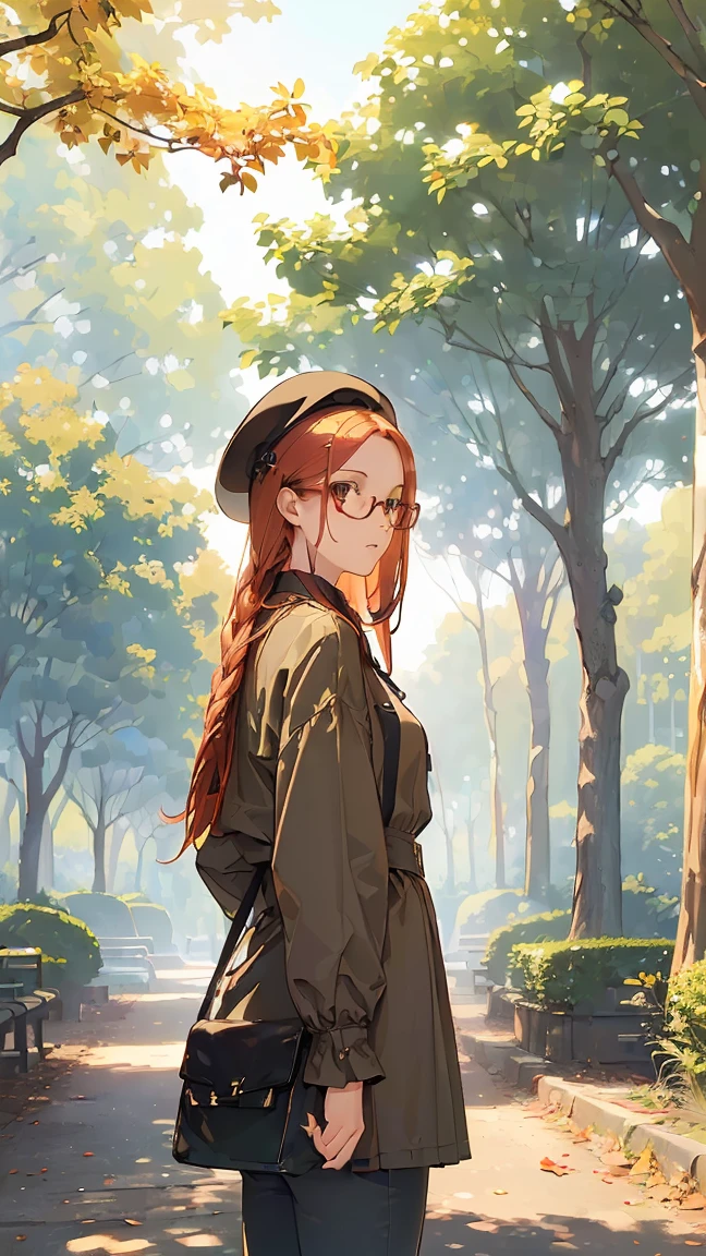 (((Best quality, 8k, Masterpiece: 1.3)), ((best quality)), ((masterpiece)), (detailed), perfect face, perfect body, (detailed skin:1.3), (intricate details), young woman in her twenties with short red braids walks through a peaceful park. She wears a beret and large, round glasses, adding a touch of artistic style to her casual outfit. The park is filled with greenery, and the sun casts dappled light through the trees, creating a serene atmosphere. The woman appears calm and thoughtful, her hands loosely at her sides as she enjoys the scenery around her. In the background, there are park benches, winding pathways, and scattered autumn leaves.