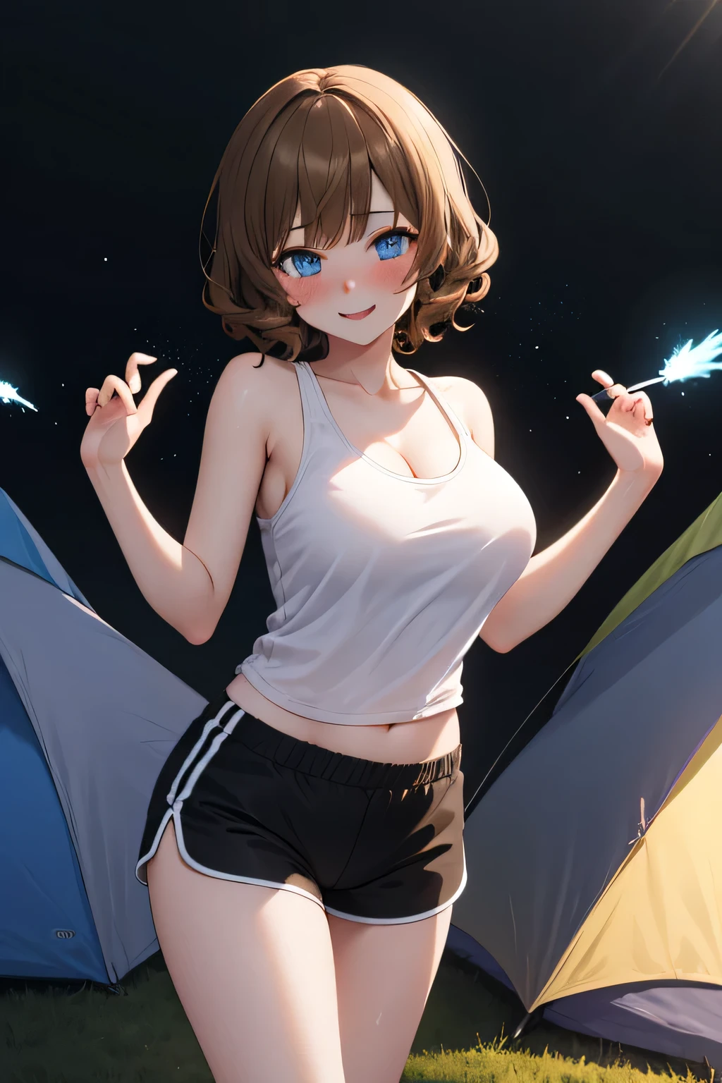 Masterpiece, Best Quality, Hi-Res, source_anime, (good_hands:0.9) , 1girl, blue eyes, brown curly short hair, white tanktop, big breast, black shorts, stand up, High Contrast Glossy Oily Skin, campsite, blushing, smile, dramatic shadows, cinematic lighting, (light particles:1.3)