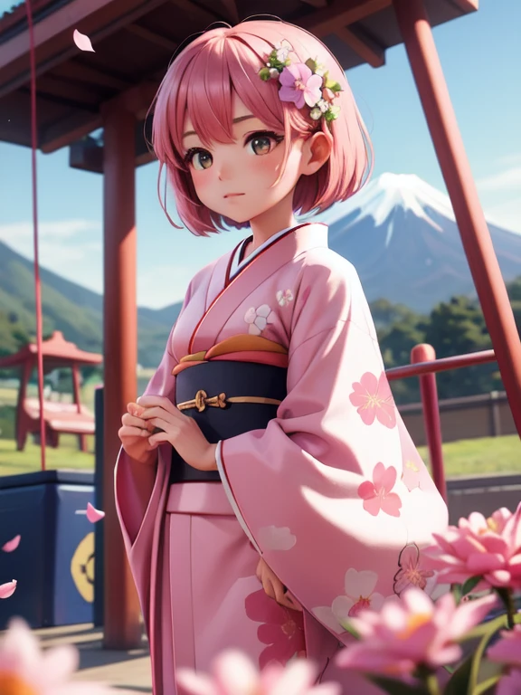 masterpiece,  high quality,  very detailed on playground equipment, woman,  short hair , hairpin, kimono, Spring flowers, In the Wind , Open Shrine,  Pink Petals , Mount Fuji,  Depth of Field , Blurred Background