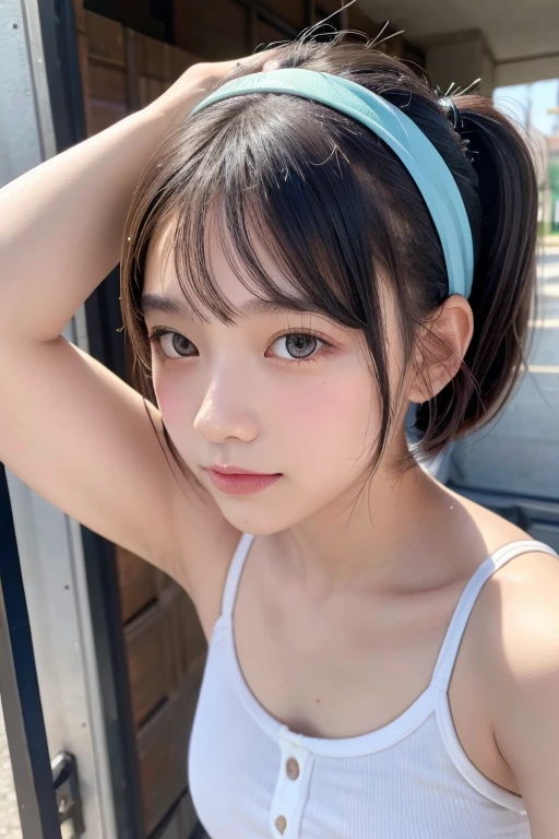  Anime girl in pink wet clothes, realistic shadow, fine skin, very small breasts, black hair, hair ribbon, very detailed, 8K high definition face, perfect face shape, perfect lips, perfect nose, fix beautiful eyes, audience, masterpiece, highest quality, single girl, , alone,(Facial:1.5)、round face、slim、(flat body)、cute