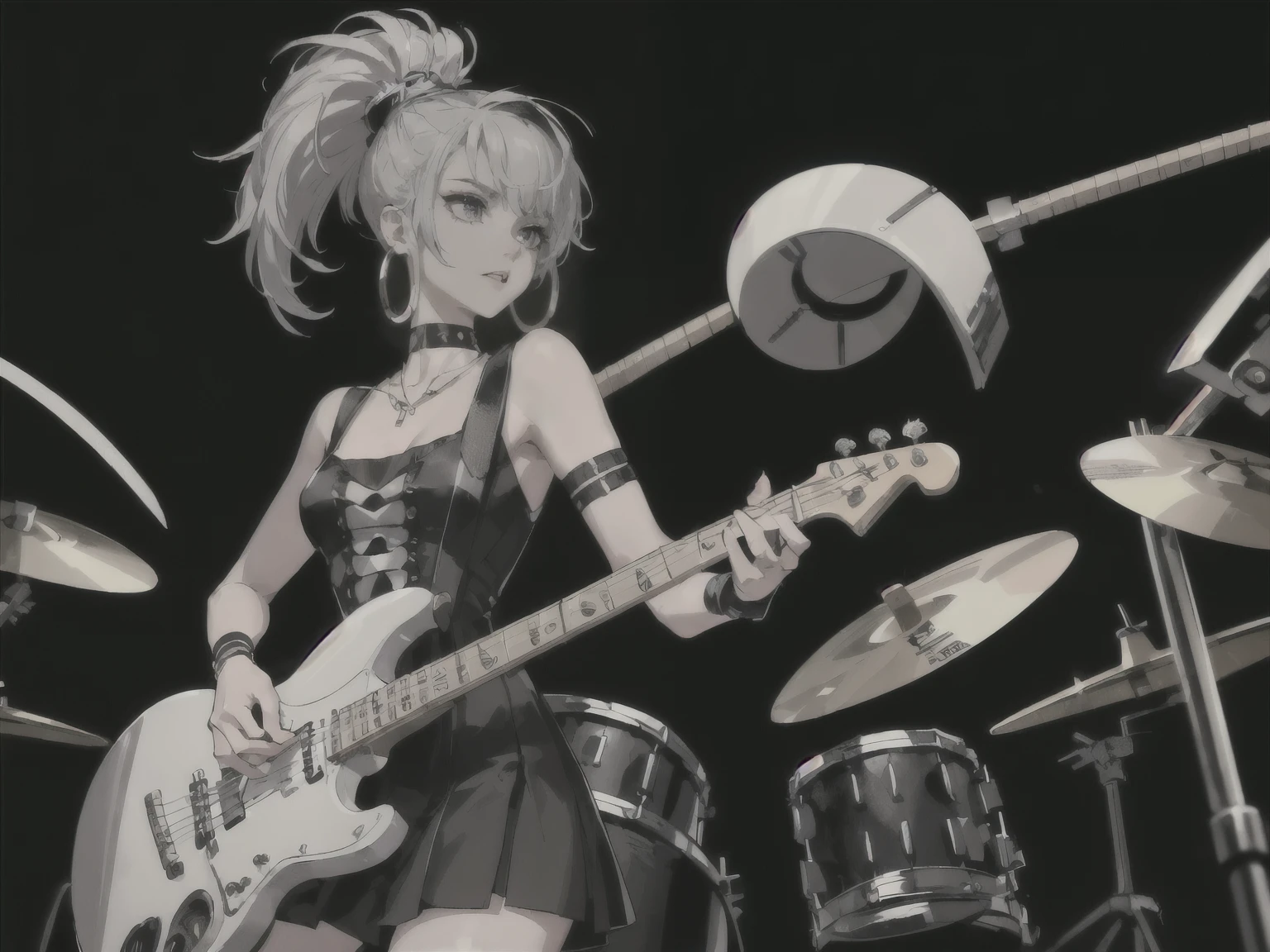 (masterpiece:1.2, best quality), (Two members), (((female: guitarist, Hair: buzz cut, Clothing: revealing dress, Accessories: silver hoop earrings and a black choker necklace,Two members, playing fast guitar))),(((Male: Drummer, Android, Robot, Hairstyle: Mohawk, Playing drums at high speed))) (((Punk rock band member))), singing, ((Guitar, Drums)), on stage,((cyber punk)),(((Focus on the man playing the drums)))