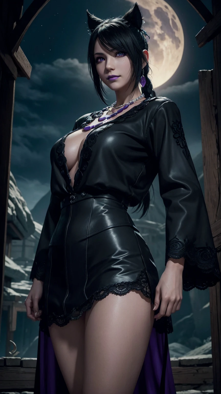 lulu,Final Fantasy 10,ff10,Kurokami,One length,Lower one side of your bangs ,Hide one eye,Beautiful purple eyes, white skin,Purple lips,黒いFurry黒いロングドレス, black long skirt,Furry,Black see-through blouse,Black fishnet tights,Purple Necklace,  super quality ,  super quality ,masterpiece, DSLRs That Turned 50,Realistic,Detailed explanation,Vivid details,Detailed Description,  detail face ,Detailed explanation,Super detailed,Realistic skin texture, based on anatomical evidence,perfect anatomy,  anatomically correct hands , Anatomically Correct Fingers , complex 3d rendering, Sexy Poses, Empty Wilderness ,3 black crows , Dark Fantasy Worldview,Dark worldview,Amazing night view,Wonderful night sky,Picturesque,smile,Captivating beauty,