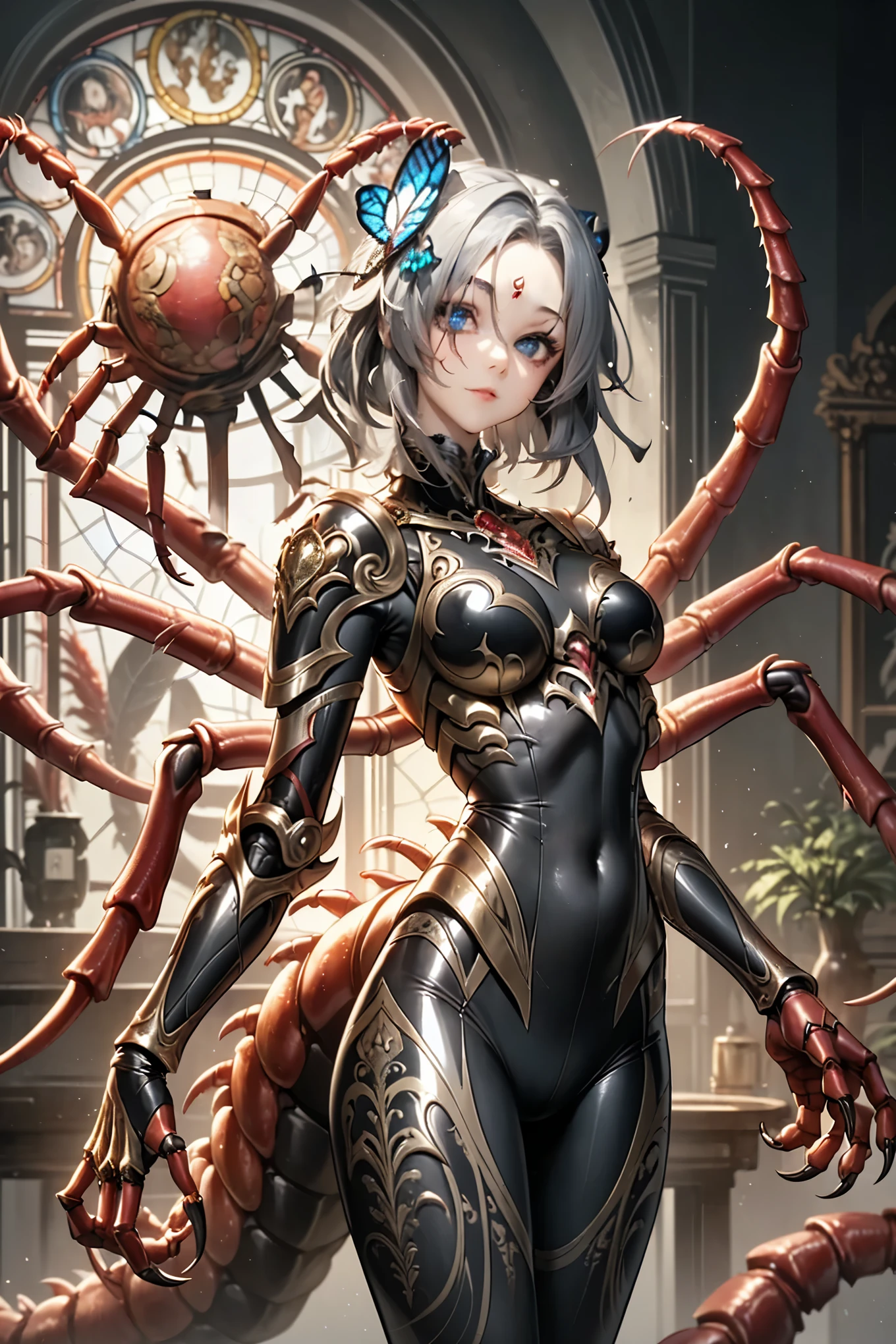 (Girl fused with a centipede). Succubus style. Insect paws. It is based on the motif of a centipede. Metallic. Light armor. breasts perky. Gray hair. Medium hair. High legs. Body tights. Sharp claws. Large tail. Centipede tail. Black Paint Hands. Evil Smile.