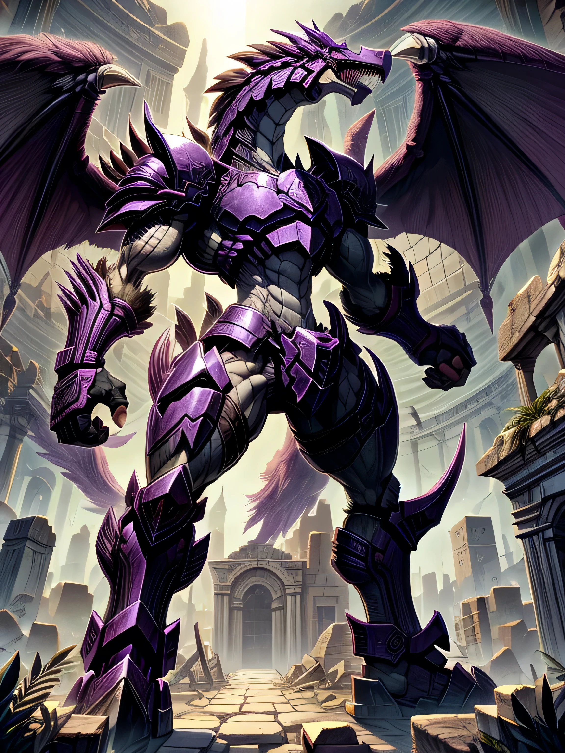 Detailed 8k Behemoth dragon robot with big wings, purple (Humanoid body)Inside the ruins 