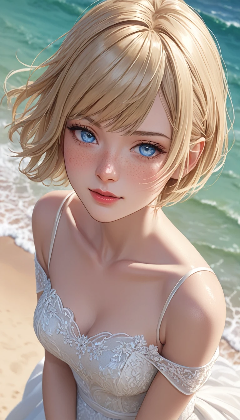 masterpiece,   high resolution on down ,   anatomically correct , 最 high quality,   high detail ,  high definition model ,   very detailed,   high quality,  Ultra High Definition,   Textured Skin, Realistic Skin, Blonde, very short hair,  bangs between eyes, Light blue eyes,  Sparkling Eyes,  high resolution on downの目, Freckles on face, Adult women, textured lips, 
 has a faint smile,
Wearing a gorgeous wedding dress,
 wind is blowing,
fantastic sandy beach background,
 bird's-eye view from above