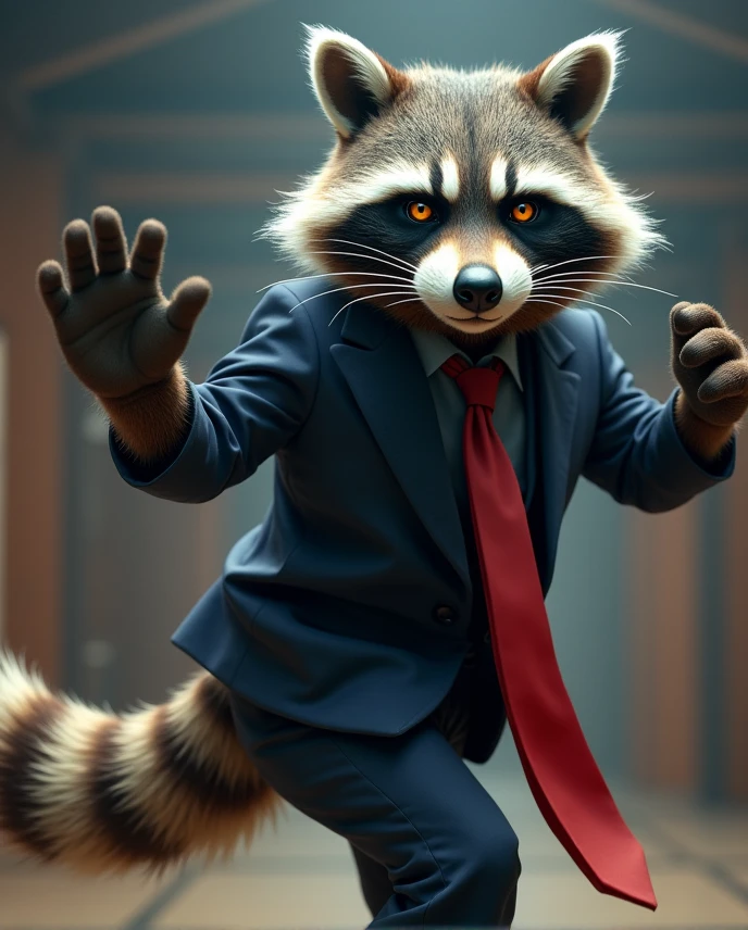 A tall adult raccoon performing powerful martial arts kick in mid ...