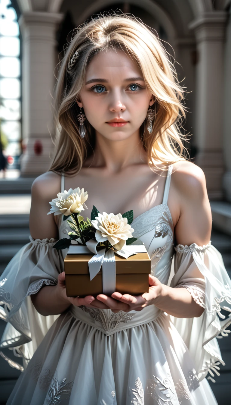 a beautiful woman, pandora, blonde hair, cute, greek mythology, holding a locked magical box, (best quality,4k,8k,highres,masterpiece:1.2),ultra-detailed,(realistic,photorealistic,photo-realistic:1.37),extremely detailed face and eyes,beautiful detailed eyes,beautiful detailed lips,longeyelashes,intricate details,highly detailed,elegant dress,graceful pose,dramatic lighting,vibrant colors,cinematic lighting,mystical atmosphere