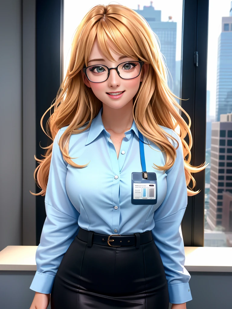 Realistic photo of a beautiful m3l1ss4rs woman, 1girl,solo,long hair,looking at viewer,smile,open mouth,blonde hair,brown hair,upper body,lips,realistic, soft lighting, professional Photography, Photorealistic, detailed, RAW, analog, sharp focus, 8k, HD, high quality, masterpiece(masterpiece: 1.0), (best_quality: 1.0), (best quality:1.4),(shiny skin), body focus, (cute face), (((best quality))), illustration, ((Beautiful Finger)), , Beautiful body, Beautiful character design, ,perfect lighting, Colorful, Bright_Front_face_Lighting, ultra high res, highres, absurdres:1.2, bokeh:1.2, lens flare, (vibrant_color:1.2), (Beautiful, large chest:1.2), (thick thighs:1.1), THICK, 
1lady standing, /(casual shirt/) (id card lanyard/), (mature female) bangs, blush kind smile, (masterpiece best quality:1.2) delicate illustration ultra-detailed, large chest BREAK /(modern office indoors/), window skyscraper, look at viewer, sweet smile, wearing office suit, black miniskirt, in office, small glasses, id card lanyard