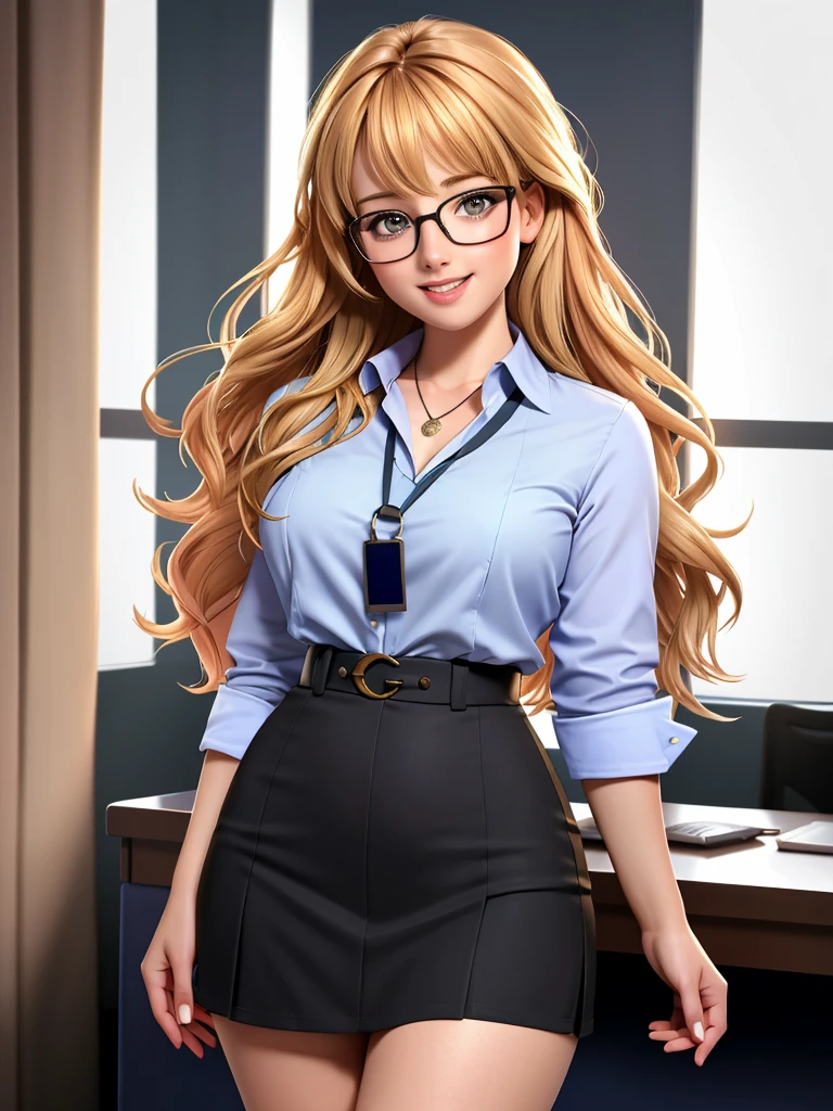 Realistic photo of a beautiful m3l1ss4rs woman, 1girl,solo,long hair,looking at viewer,smile,open mouth,blonde hair,brown hair,upper body,lips,realistic, soft lighting, professional Photography, Photorealistic, detailed, RAW, analog, sharp focus, 8k, HD, high quality, masterpiece(masterpiece: 1.0), (best_quality: 1.0), (best quality:1.4),(shiny skin), body focus, (cute face), (((best quality))), illustration, ((Beautiful Finger)), , Beautiful body, Beautiful character design, ,perfect lighting, Colorful, Bright_Front_face_Lighting, ultra high res, highres, absurdres:1.2, bokeh:1.2, lens flare, (vibrant_color:1.2), (Beautiful, large chest:1.2), (thick thighs:1.1), THICK, 
1lady standing, /(casual shirt/) (id card lanyard/), (mature female) bangs, blush kind smile, (masterpiece best quality:1.2) delicate illustration ultra-detailed, large chest BREAK /(modern office indoors/), window skyscraper, look at viewer, sweet smile, wearing office suit, black miniskirt, in office, small glasses, id card lanyard