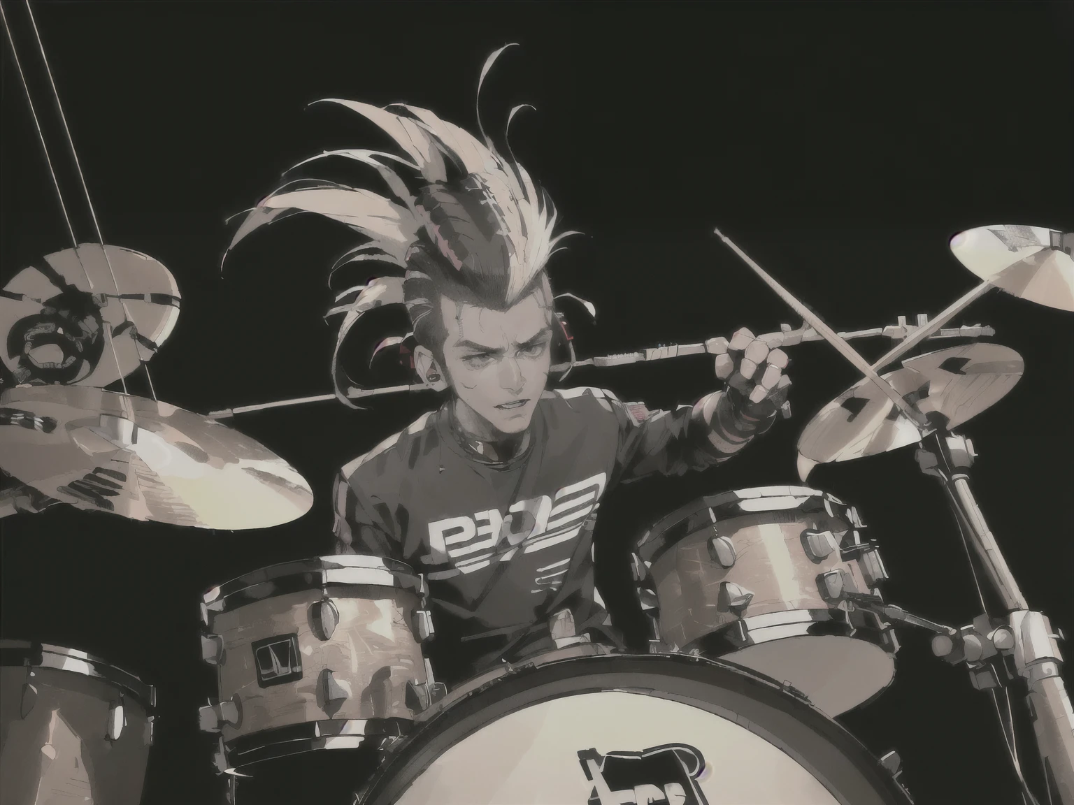 ((best quality, 4k, 8k, highres, masterpiece:1.2, ultra-detailed,Correct Anatomy)), (((Male: Drummer, Android, Robot, Hairstyle: Mohawk, Playing drums at high speed))) (((Punk rock band member))), singing, ((Guitar, Drums)), on stage,((cyber punk)),(((Focus on the man playing the drums)))