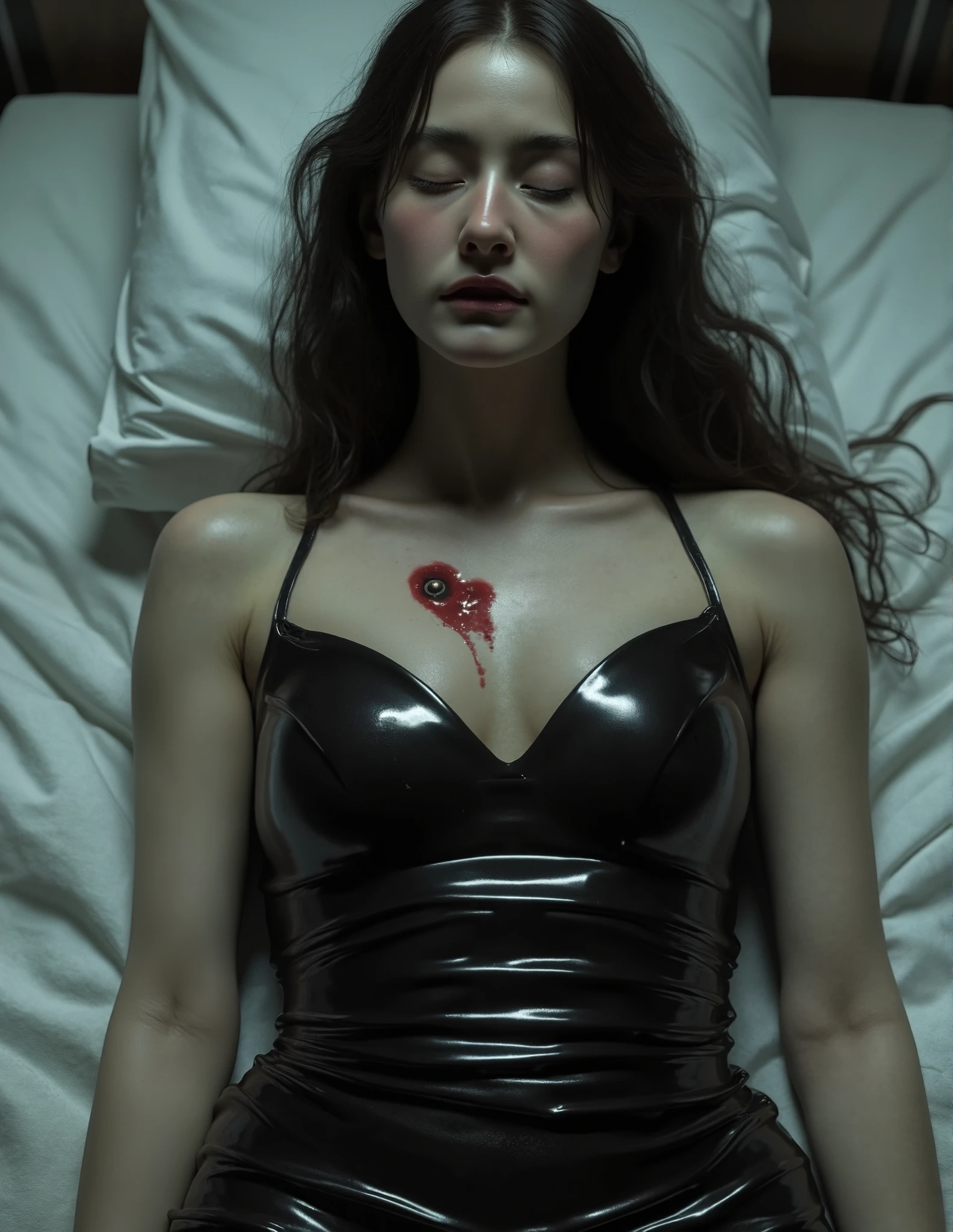 The woman in a shiny latex rubber suit, lying on her back, eyes closed in bed, had a puncture wound on the dress on the chest, a small hole, bleeding on the wound hole, blood smeared on the dress.