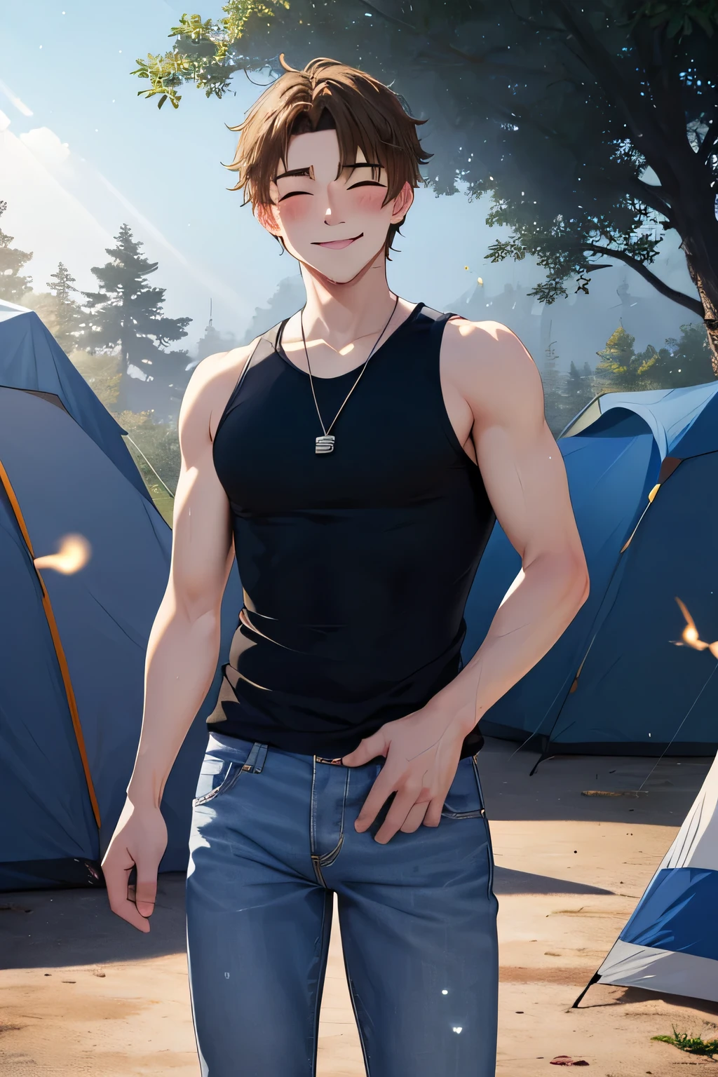 Masterpiece, Best Quality, Hi-Res, source_anime, (good_hands:0.9) , 1man, eyes closed, brown short hair, white tanktop, blue jeans, stand up, High Contrast Glossy Oily Skin, campsite, afternoon, blushing, smile, dramatic shadows, cinematic lighting, (light particles:1.3)