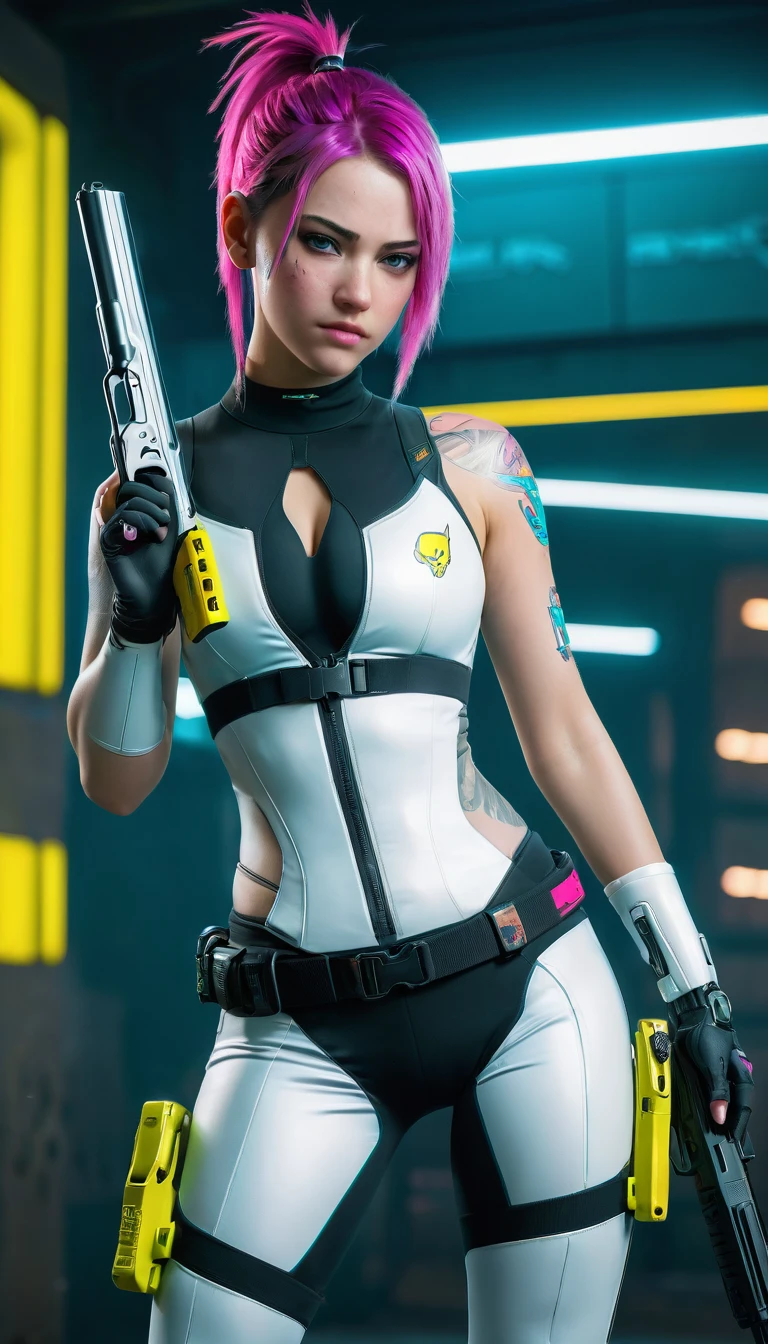 High definition photographs, gunman,  bright face color , Teenage girl,  pretty white, Beautiful breasts, cyberpunk 2077, Suit, Tights, PROSTHETIC-SCI-FI, Have a gun