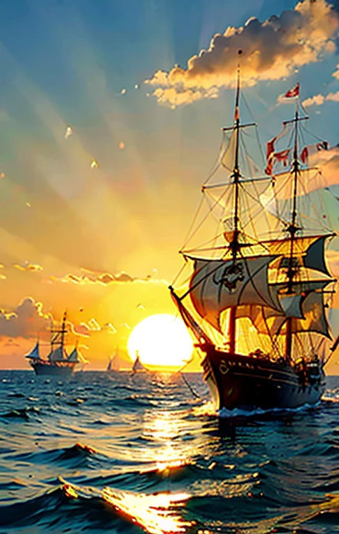 In the background is a pirate ship sailing leisurely against the big sun setting in the sea