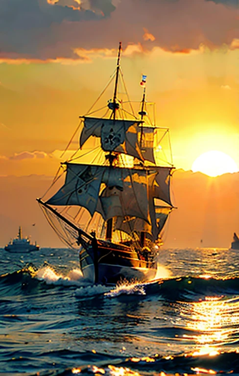 In the background is a pirate ship sailing leisurely against the big sun setting in the sea