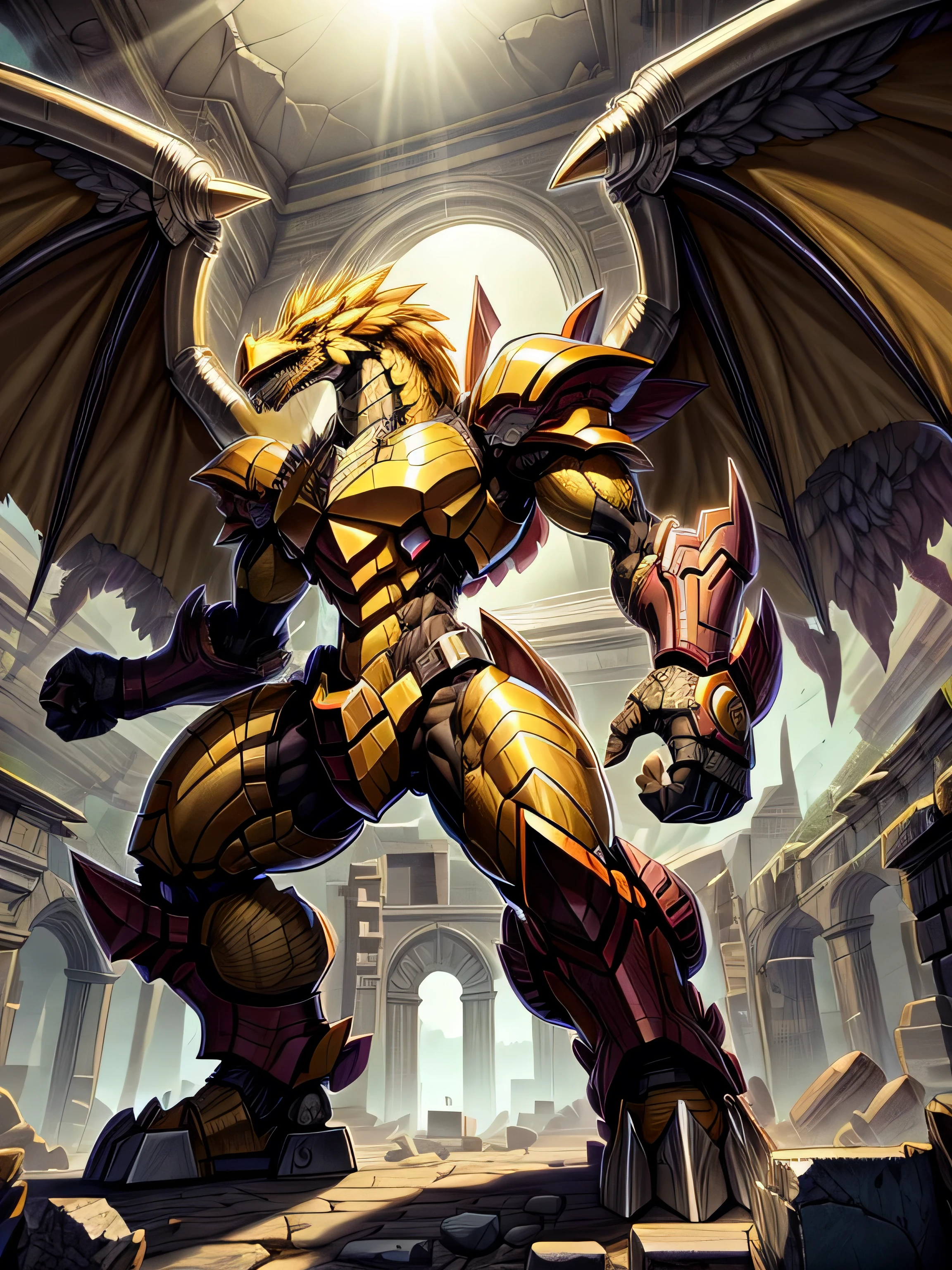 Detailed 8k Behemoth dragon robot with big wings, yellow(Humanoid body)Inside the ruins 