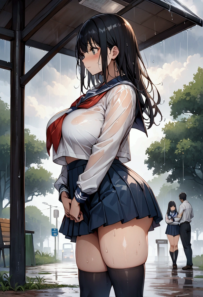 (masterpiece), (1 serious public discipline chairman: 1.3), (super thick and plump body: 1.3), (huge breasts and butt)), (small head: 1.2), (extremely small uniform)), (shiny skin: 1.2), (speech while crouching on the schoolyard morning stand))