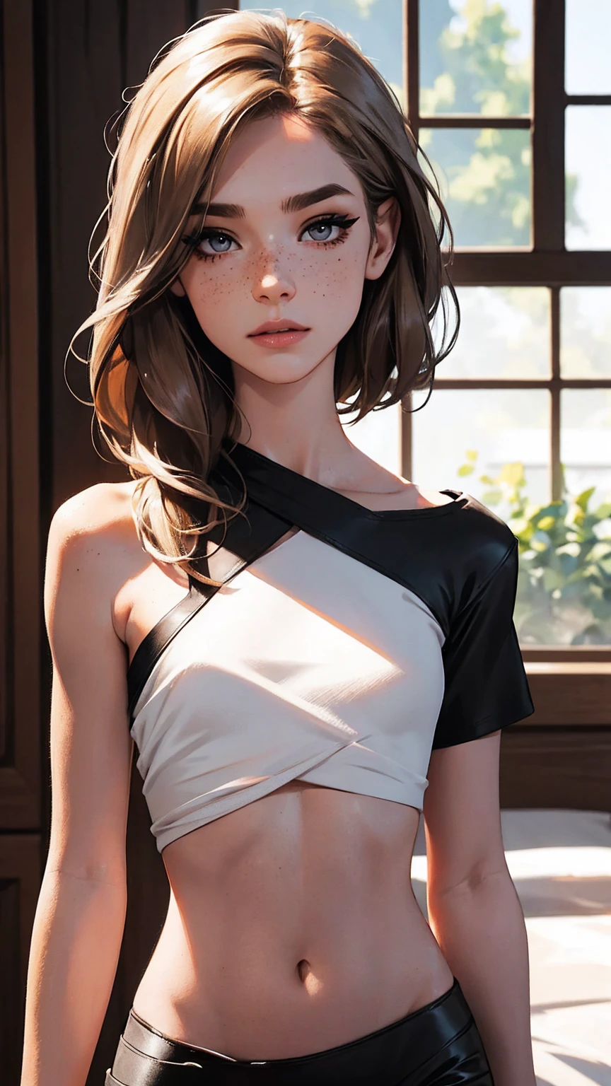 （lifelike， high - resolution：1.3）， 1 girl with a perfect body，slender body, Suprenme face and eyes， blaire ivory, lena anderson, (dark eyelashes, eyeliner), shoulder length  hair, freckles, golden brown  hair with dark roots, shoulder length hair, skinny, petite, (((small white top))), long torso, abdomen, sks woman
