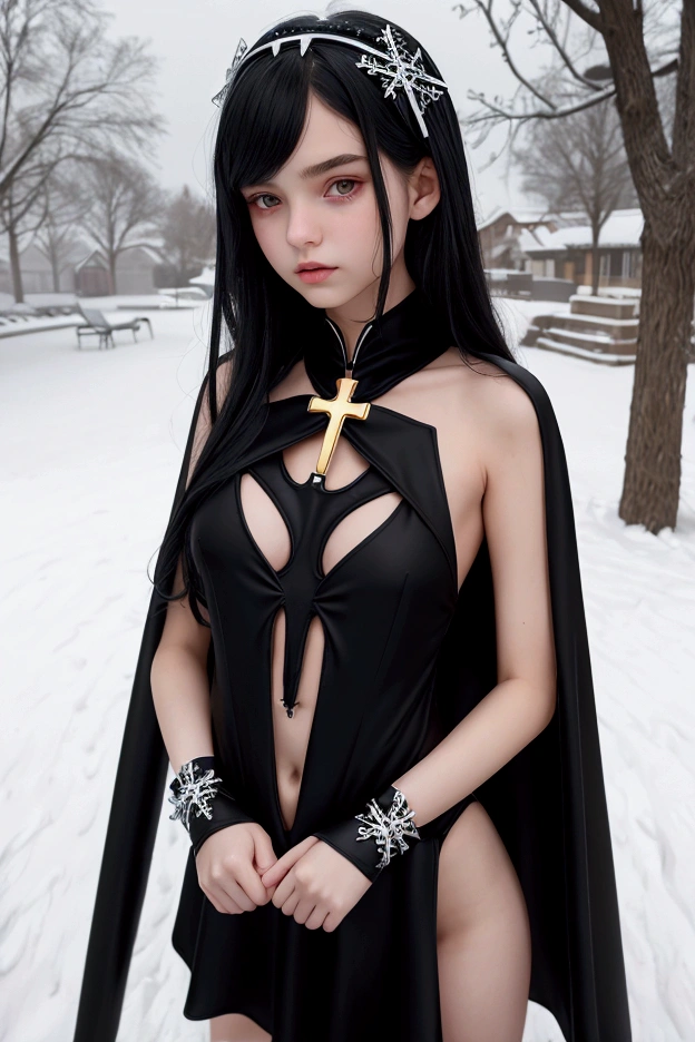 TeEn girl, evil, teenager(1.3),, teen girl, s breats, with black hair and blue eyes, detailed face, angelical face,cleavage, small breasts, dress with cape, desing with christian cross ,background in snow in prussia
