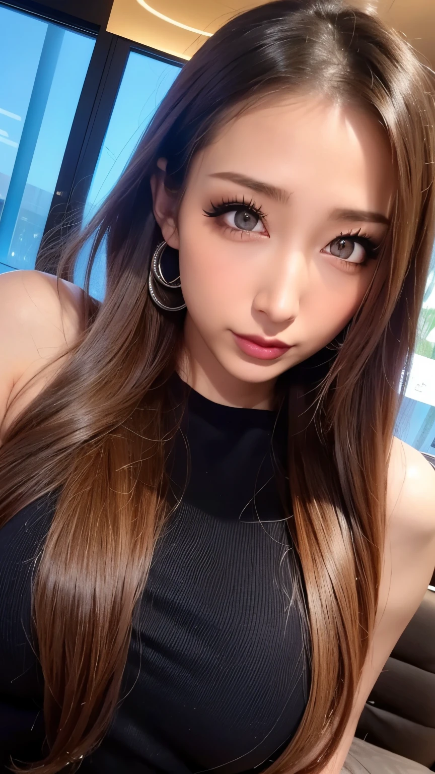 (   cowboy shot 、  Best Quality  、8k、Award-winning works、    super high definition )、Beautiful woman、(  She shows off her perfect body in a black sweater , Sexy Breasts:1.1)、Perfect big 、(blonde:1.1)、 Bright Colored Contacts 、Perfect gal makeup、   bright and shining  、 lipstick with conspicuous armpit sweats on T-shirts   、(  very heavy gal makeup :1.2)、(   Dark Brown Beige Around Eyes  :1.1)、 Beautiful Bright Eye Shadow 、 dark makeup 、(Big Breasts:1.2)、 Very Long Wavy Hair 、(Romantic affection:1.1)、  、(   many women accentuate body lines   ....:1.1)、(Strongly blurred、    vividly showing night pools at luxury hotels  :1.1)、(Strongly blurred background:1.1)、 accurate anatomy 、   ultra HD hair、(     super high definition perfect beautiful teeth:1.1)、  beautiful face with super high resolution  、   ultra HD hair、 see-through bang 、Ultra HD Shining Eyes、Shining super high definition beautiful skin 、    Super high definition glossy lips 、   Harry Winston's Necklace   